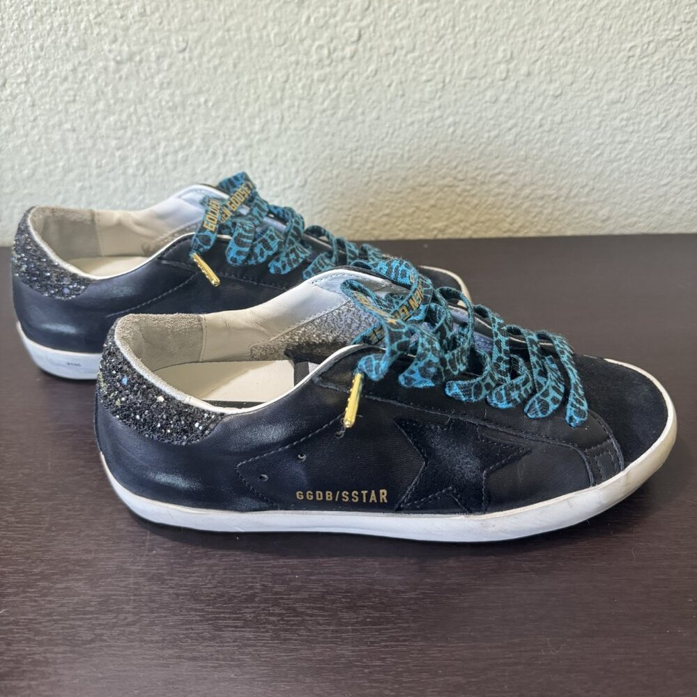 Golden Goose Black Leather Sneakers with Teal Laces and Silver Heel